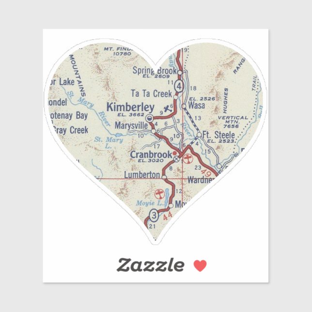 Pegatina Mapa de Vintage de Cranbrook BC (Hoja)