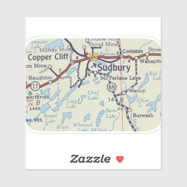 Pegatina Mapa de Vintage de Sudbury Ontario (Hoja)