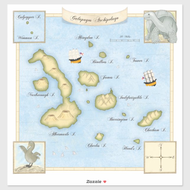 Pegatina Mapa del Archipiélago Faux Antique Galápagos con b (Hoja)