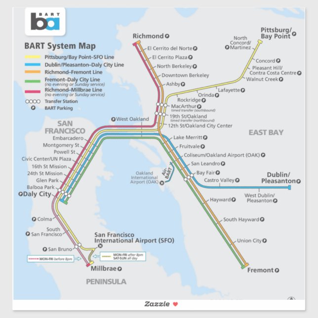 Pegatina Mapa del tren Bart del Área de la Bahía (Hoja)