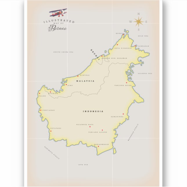 Pegatina Mapa ilustrado de Borneo (Anverso)