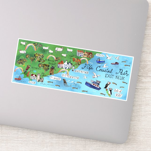 Pegatina Mapa ilustrado de Fife Coastal Path Scotland (Detalle)