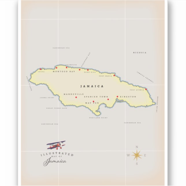 Pegatina Mapa ilustrado de Jamaica. (Anverso)