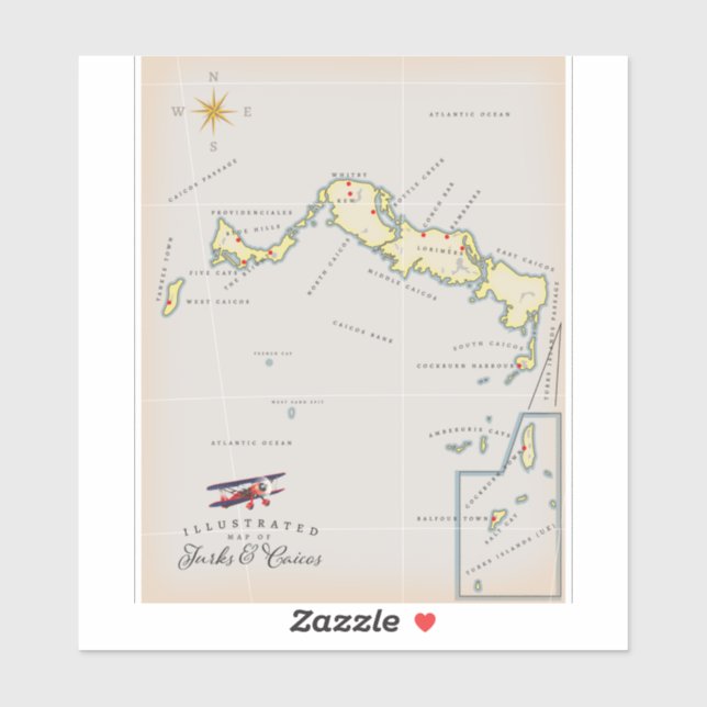 Pegatina Mapa ilustrado de las Islas Turcas y Caicos (Hoja)