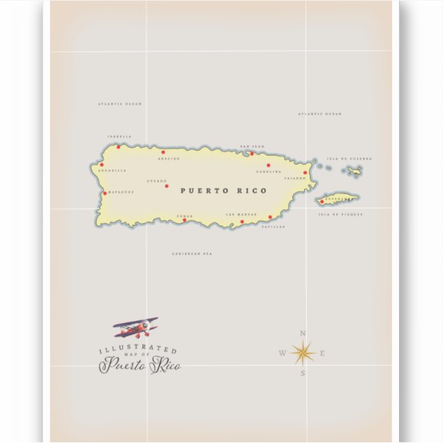 Pegatina Mapa ilustrado de Puerto Rico. (Anverso)