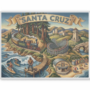 Pegatina Mapa Ilustrado de Santa Cruz California Muelle UCS
