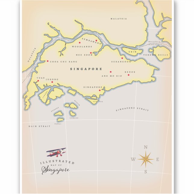 Pegatina Mapa ilustrado de Singapur (Anverso)