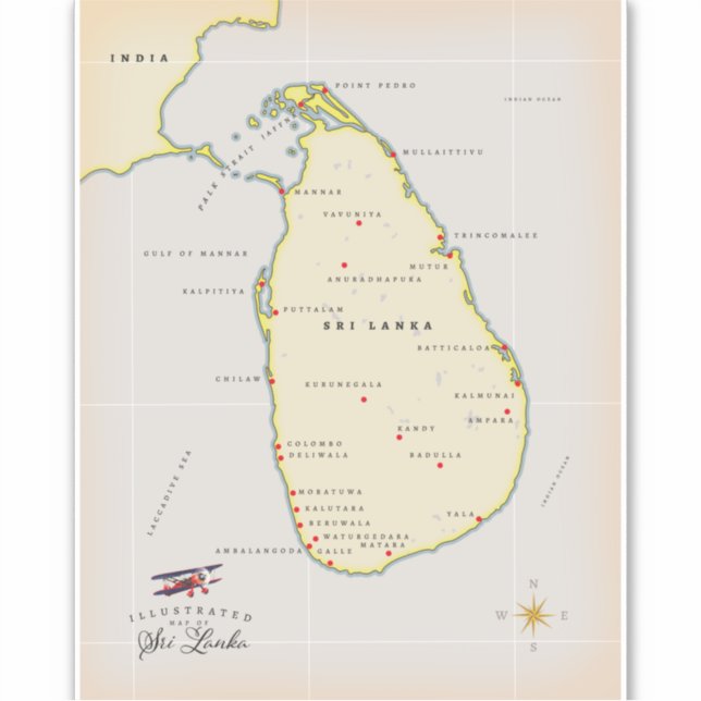 Pegatina Mapa ilustrado de Sri Lanka (Anverso)