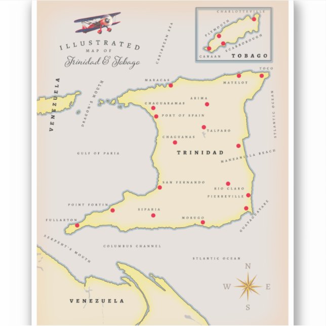 Pegatina Mapa ilustrado de Trinidad y Tobago (Anverso)