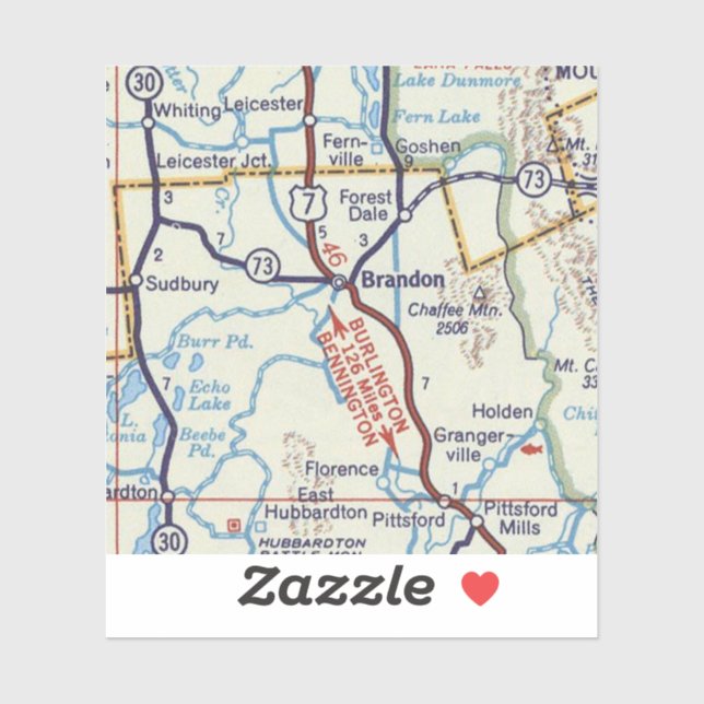 Pegatina Mapa Retro Brandon Vermont (Hoja)