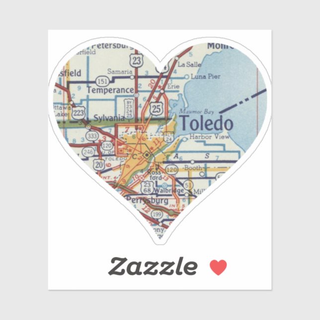 Pegatina Mapa retro de Heart Toledo OH (Hoja)