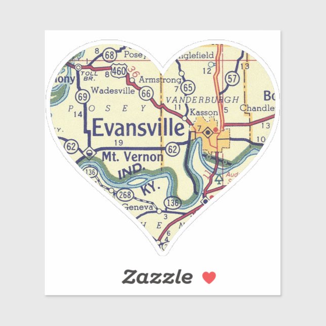 Pegatina Mapa Vintage Evansville IN (Hoja)
