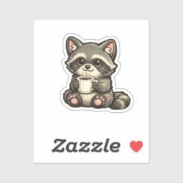 Pegatina Mapache Adorable con Café – Animal Kawaii Acogedor