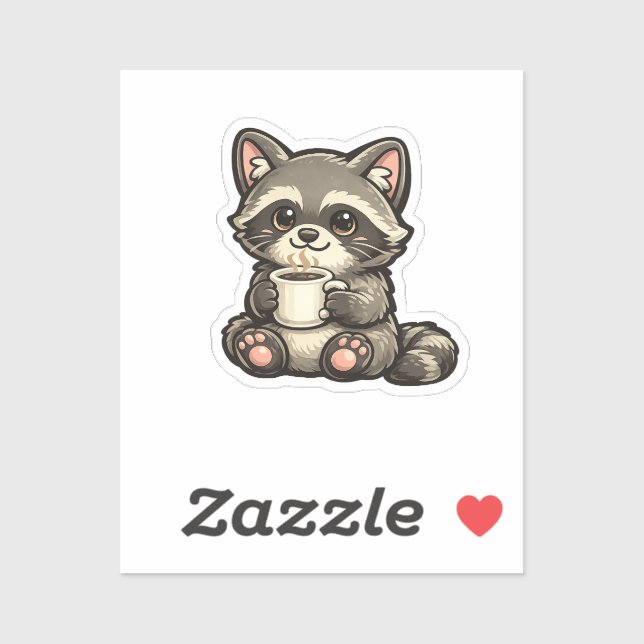 Pegatina Mapache Adorable con Café – Animal Kawaii Acogedor (Hoja)