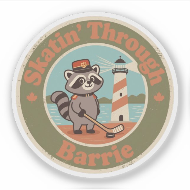 Pegatina Mapache Canadiense Retro Barrie Hockey (Anverso)
