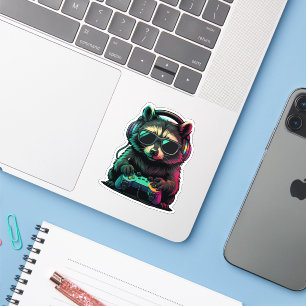 Pegatina Mapache Gamer Genial — Auriculares y Controlador