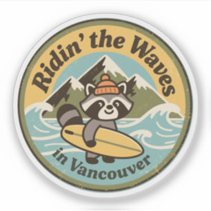 Pegatina Mapache Surfista Retro Vancouver
