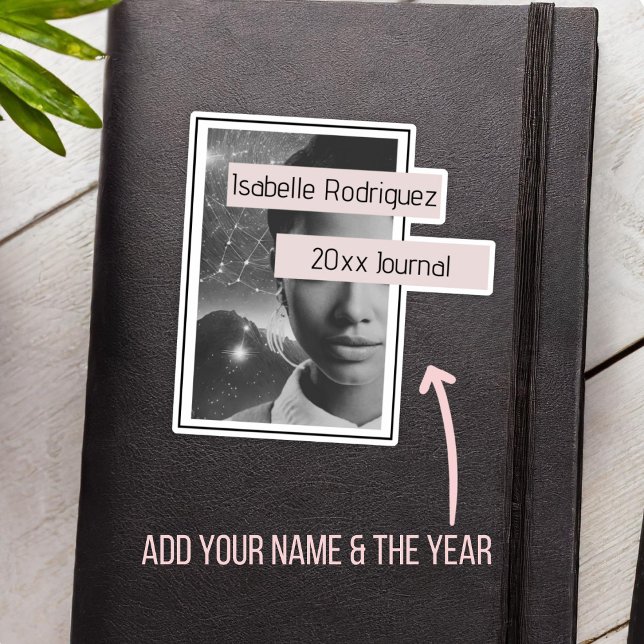 Pegatina Marcador de diario personalizado futurista femenin (Futuristic Femme personalized journal bookplate sticker in pink and black.)