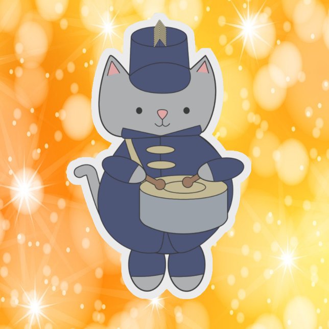 Pegatina Marching Band Gray Cat Drum Navy Blue Gold (A die cut sticker of a cat playing a snare drum in a navy blue & gold marching band uniform.)