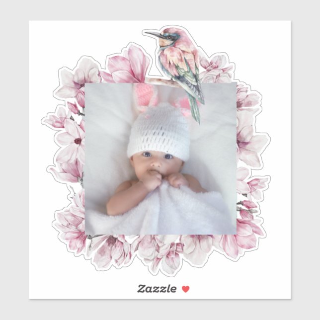 Pegatina Marco personalizado de pájaro y flores para agrega (Hoja)