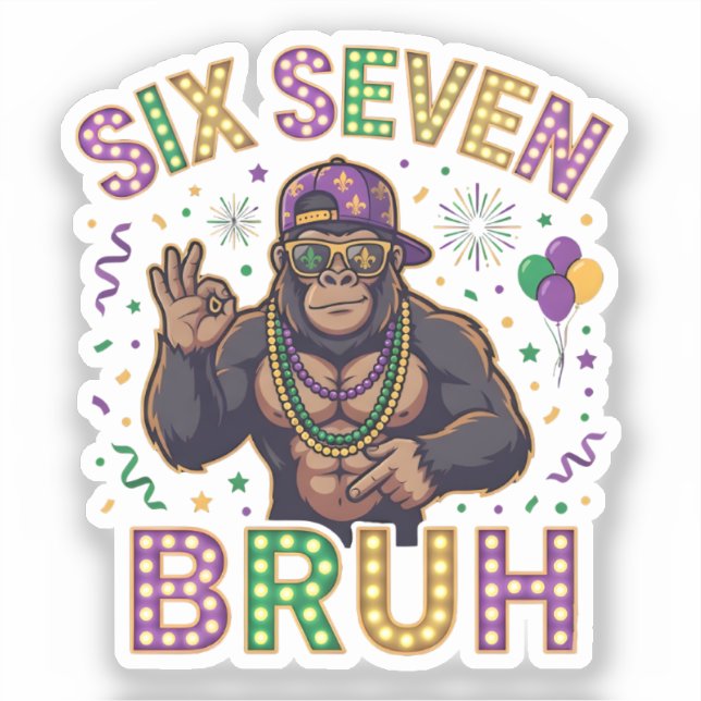 Pegatina Mardi Gras Six Seven Bruh  gorilla 6 7 Meme  (Anverso)