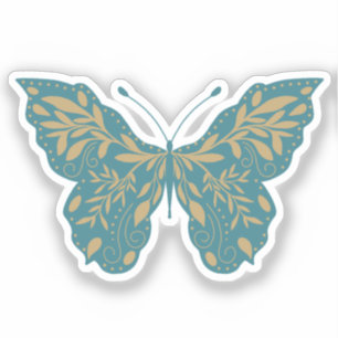 Pegatina Mariposa Botánica Verde Azul y Dorado