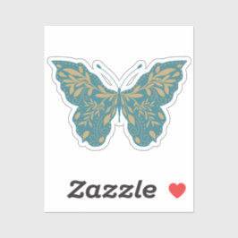 Pegatina Mariposa botánica verde azulada y dorada