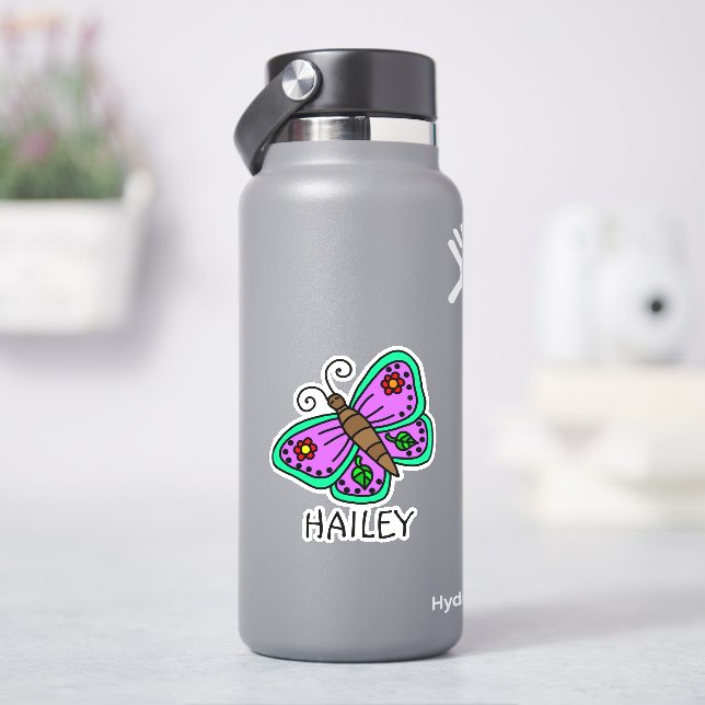 Pegatina Mariposa de bonito y nombre personalizado (hidrofrasco)