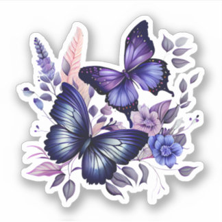 Pegatina Mariposas moradas y florales azules