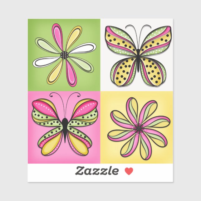 Pegatina Mariposas y flores del Pop Art (Hoja)