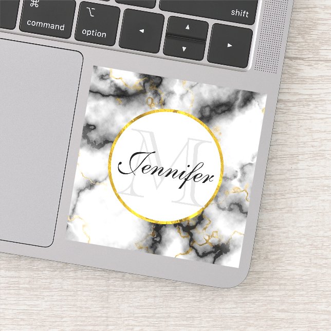Pegatina Mármol gris blanco moderno con monograma de cinta  (Detalle)