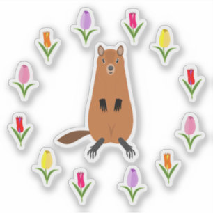 Pegatina Marmota Adorable y Flores de Tulipán