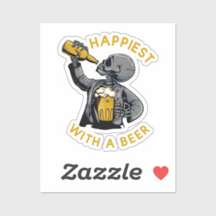 Pegatina más feliz con una cerveza con esqueleto llevando u