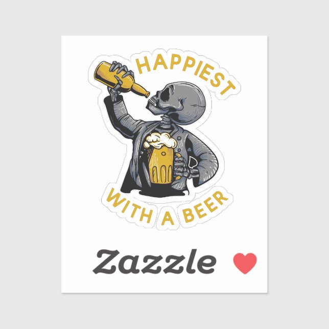 Pegatina más feliz con una cerveza con esqueleto llevando u (Hoja)