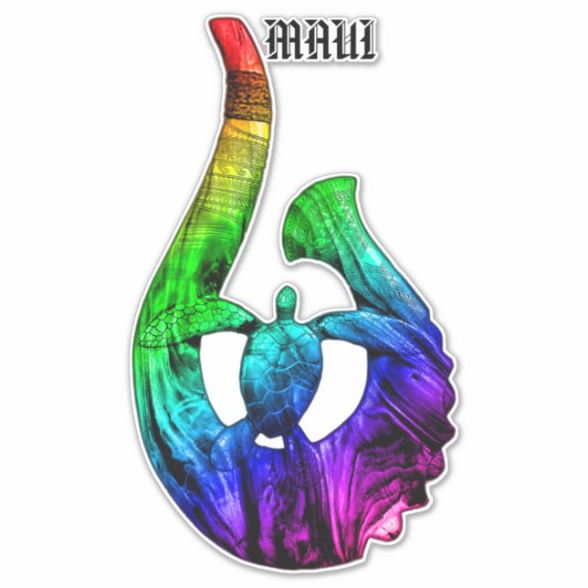 Pegatina Maui Honu Tribal Hook Neon Rainbow (Anverso)