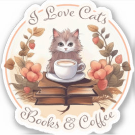 Pegatina Me encantan los gatos, los libros y el café