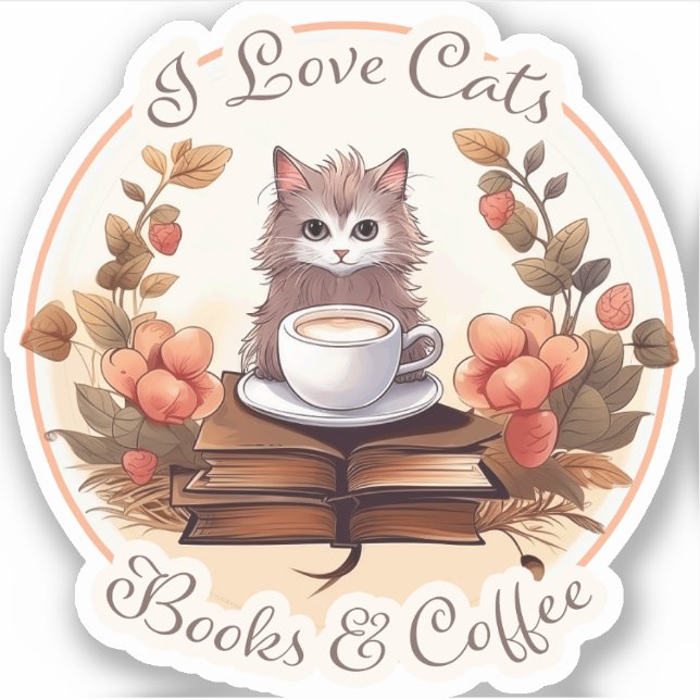 Pegatina Me encantan los gatos, los libros y el café (Anverso)