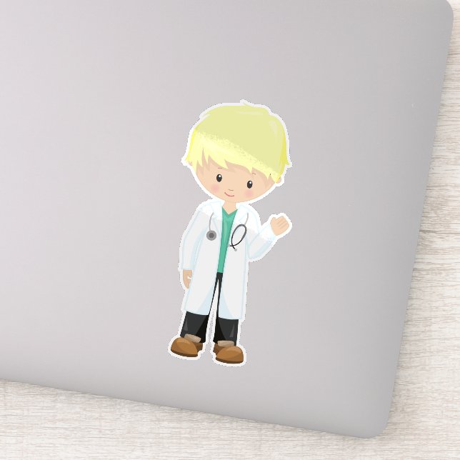 Pegatina Médica, Lab Coat, Medicina, Cute Boy, Blond Hair (Detalle)