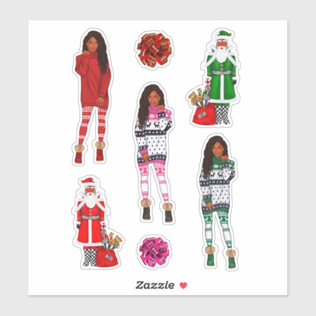 Pegatina Melanin Navidades Reina negra Navidad Chica negro  (Hoja)