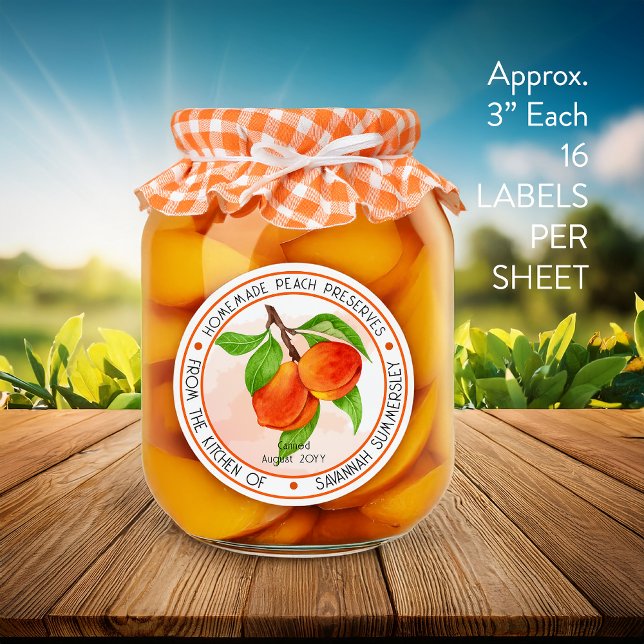 Pegatina Melocotones de melocotón de verano dulce (Sweet Summer Peaches Peach Preserves Canning WATERPROOF VINYL Round Sticker - 16 Approx. 3" Labels)