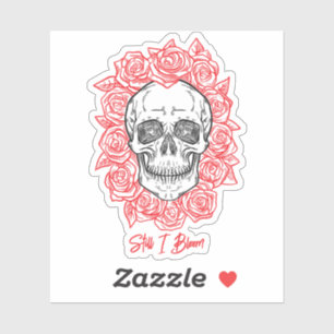 Pegatina ¡Memento Mori! Calavera y Rosas, mano dibujada