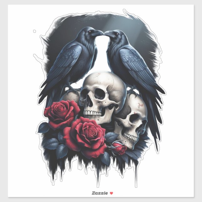 Pegatina Memento Mori: Composición floral oscura con Raven (Hoja)