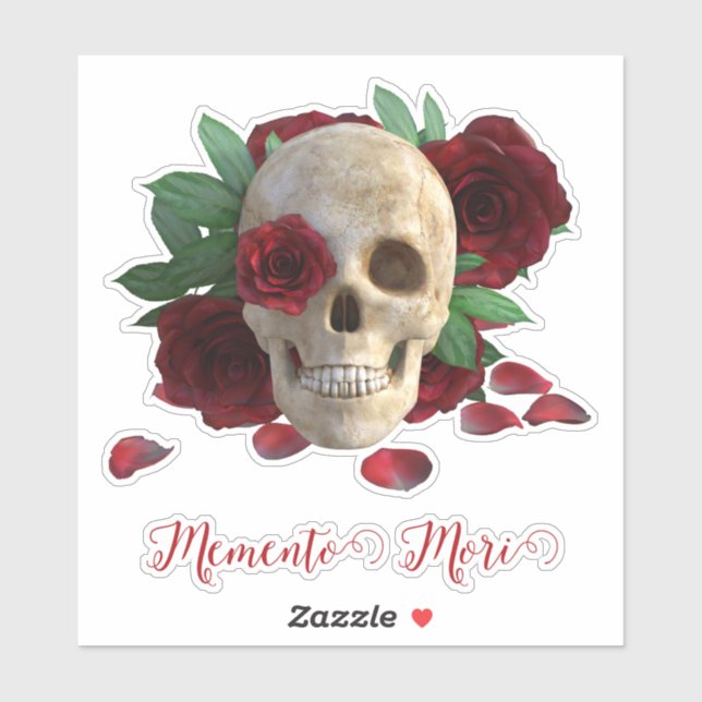 Pegatina Memento Mori. Cráneo con rosas rojas (Hoja)