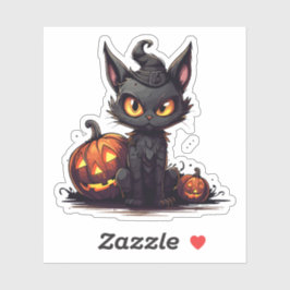 Pegatina Meowloween Halloween, Gorra de Gato Negro en Bruja