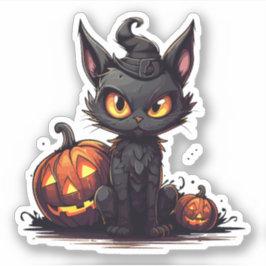 Pegatina Meowloween Halloween, Gorra de Gato Negro en Bruja