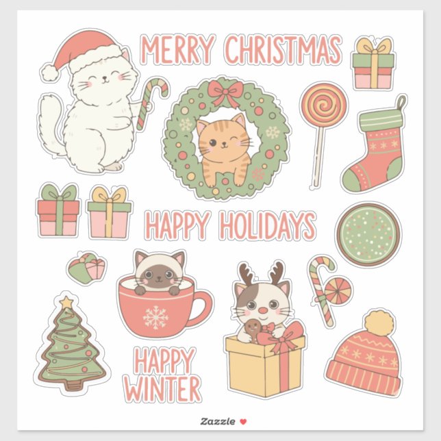 Pegatina Meowy Christmas! Adorable Kawaii Cats Holiday (Hoja)