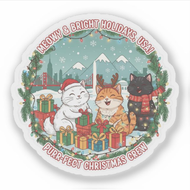 Pegatina Meowy Christmas Cats – Bright Holiday Fun USA Stic (Anverso)