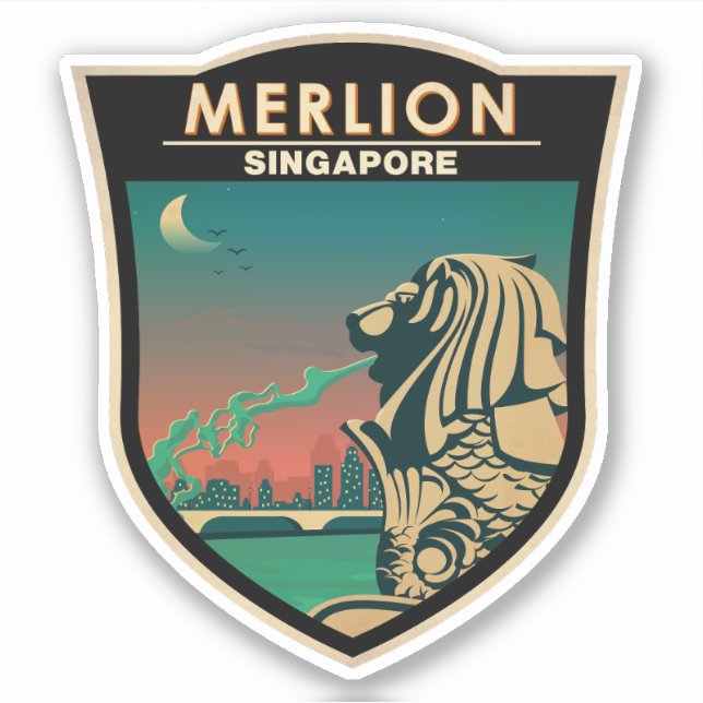 Pegatina Merlion Singapore Travel Vintage Art (Anverso)