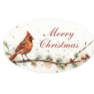 Pegatina Merry Christmas Cardinal on Branch Oval Stickers