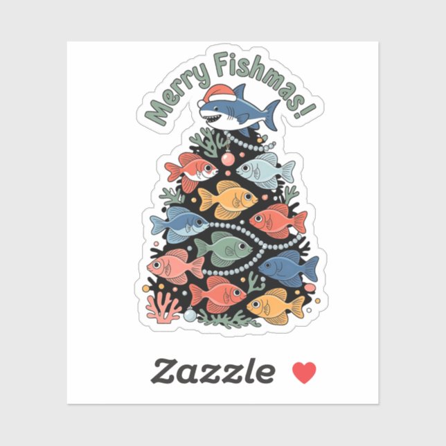 Pegatina Merry Fishmas Christmas Tree Fish Funny Fishing (Hoja)